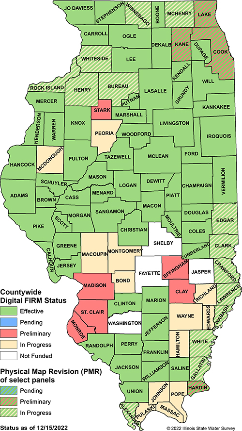 Line drawing map of the state of Illinois, USA with counties and names of counties colored green to indicate Flood Insurance Rate Map status from Illinois State Water Survey as of December 15, 2022; legend left with colors green, blue, red, yellow, white.