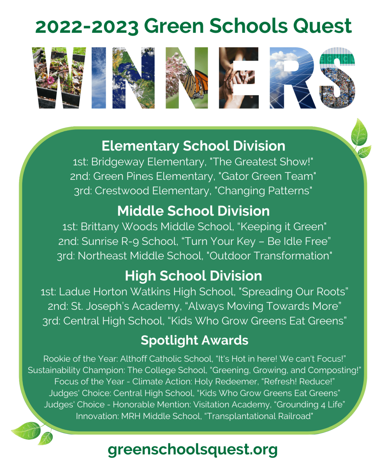 Winners of the 20222023 Green Schools Quest Missouri Gateway Green