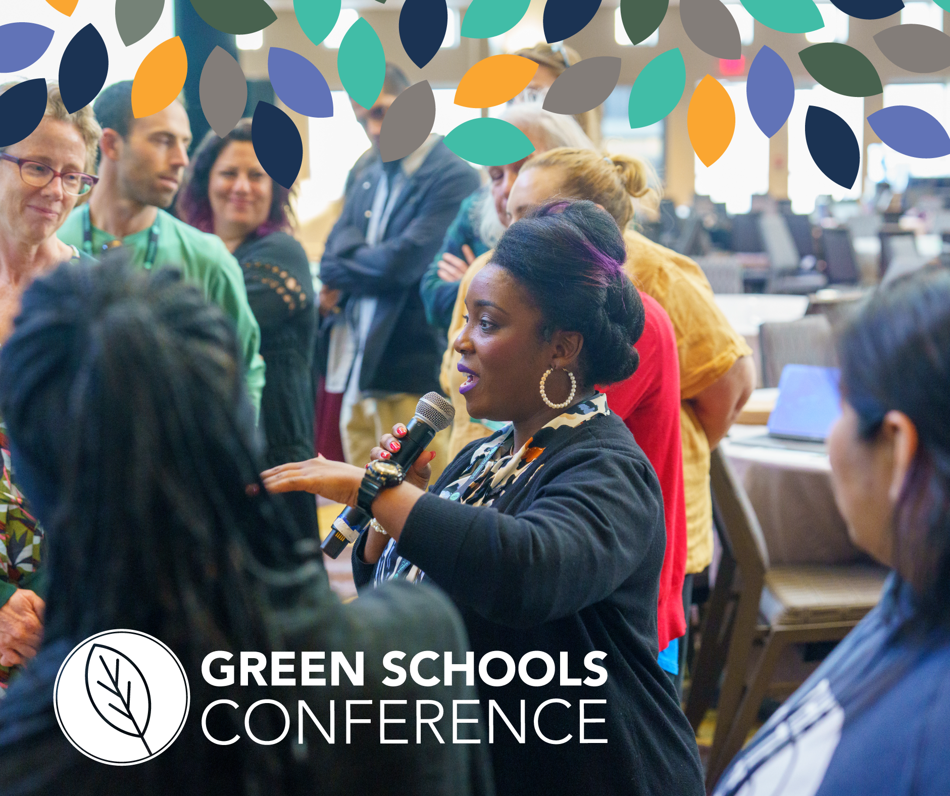 Green Schools Conference advertisement featuring woman speaking into microphone