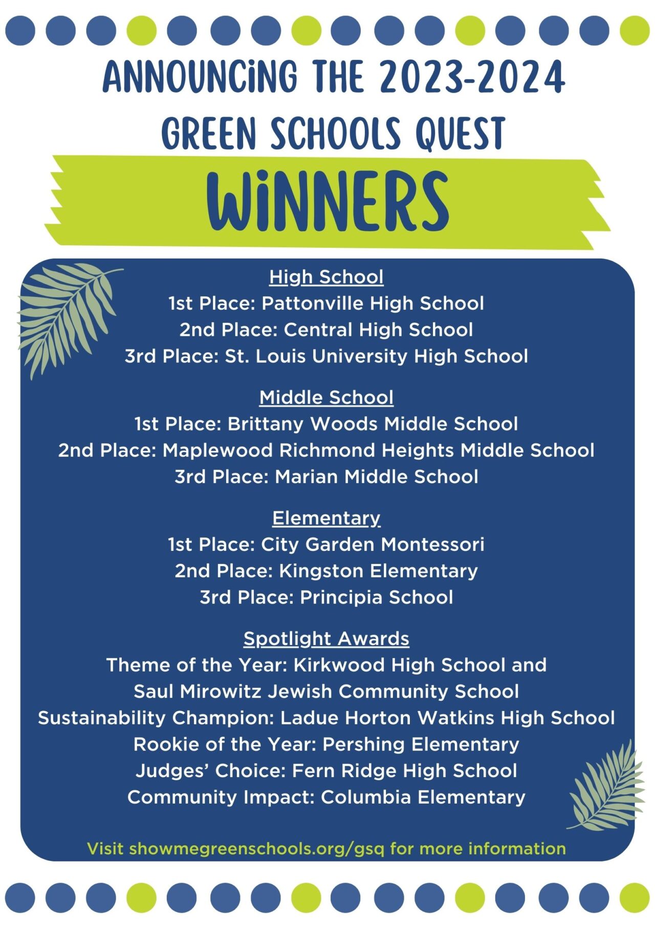 Winners of the 2023 2024 Green Schools Quest! Missouri Gateway