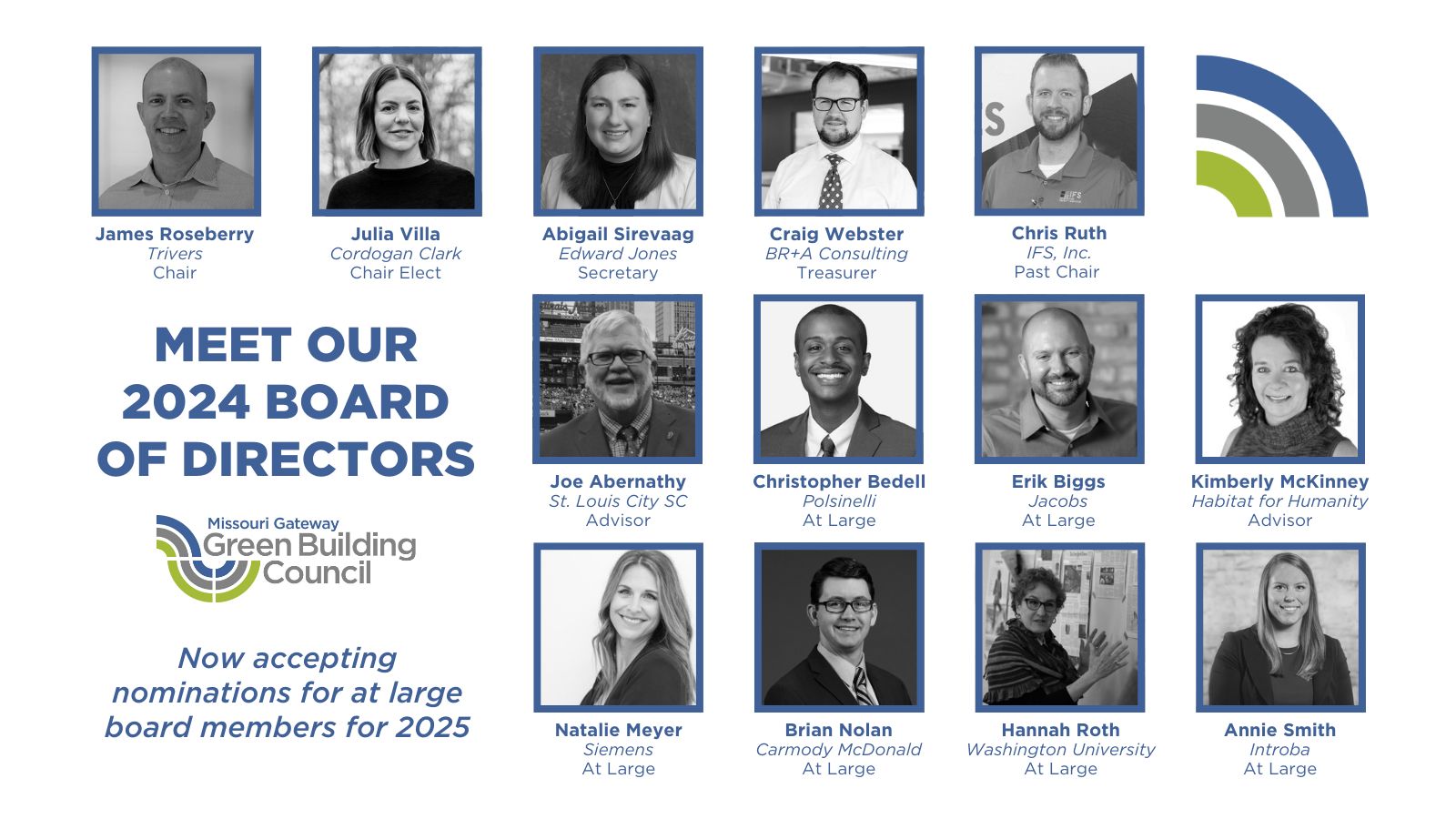 Listing and photos of Missouri Gateway Green Building Council's 2024 board of directors